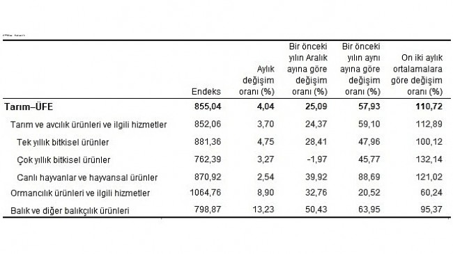 Tarım ürünleri üretici fiyat endeksi (Tarım-ÜFE) yıllık yüzde 57,93, aylık yüzde 4,04 arttı